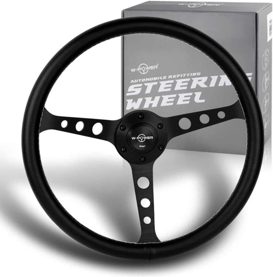 W-Power 15' Reinforced Aluminum Steering Wheel - 380mm 6 Bolt Hole, Black Leather White Stitch, Matt Black Spoke, 3' Deep With Horn Button, JDM Euro VIP Style