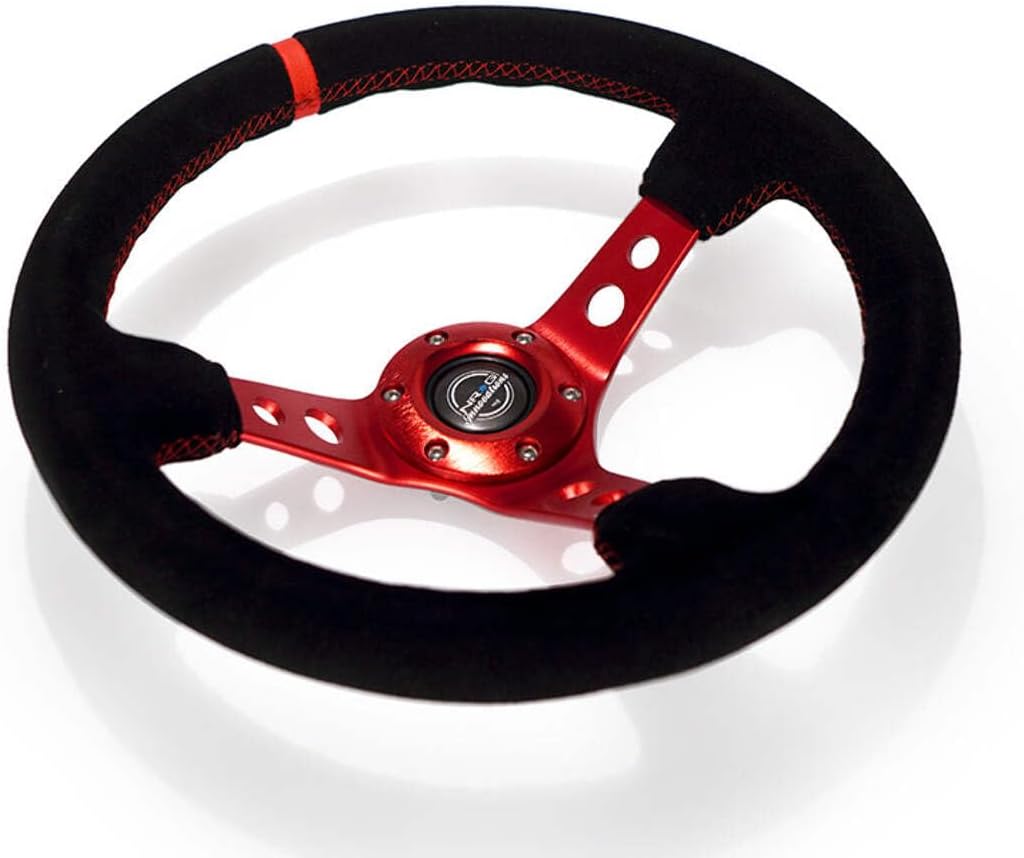 NRG Innovations NRG-RST-006S-RD Reinforced Steering Wheel - 350mm Sport Steering Wheel (3' Deep) - Red Spoke with Round Holes, Black Leather, Red Stitching/Center Mark