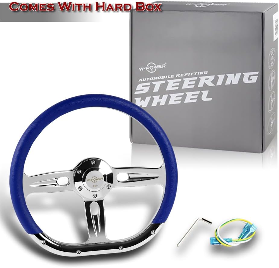 W-Power, 14' Universal 350mm 6 Bolt Hole Aluminum Polished Vinyl Wrap Leather Trim Steering Wheel, Chrome Horn Button JDM Euro VIP Style, 2' Deep (Blue Vinyl Wrap Leather)