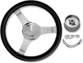 Chrome 14' Billet Aluminum 9 Holes Steering Wheel Banjo Style with Black Leather Half Wrap & Smooth Horn Button & Adapter