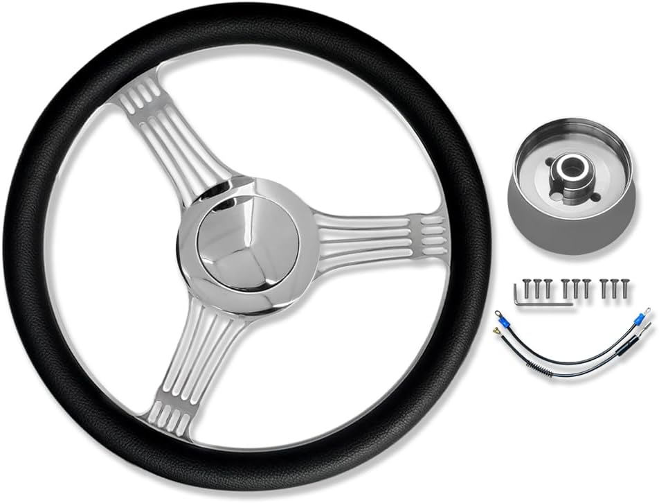 Chrome 14' Billet Aluminum 9 Holes Steering Wheel Banjo Style with Black Leather Half Wrap & Smooth Horn Button & Adapter