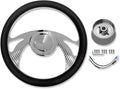 Chrome 14' Billet Aluminum 9 Holes Steering Wheel Wings Style with Black Leather Half Wrap & Smooth Horn Button & Adapter