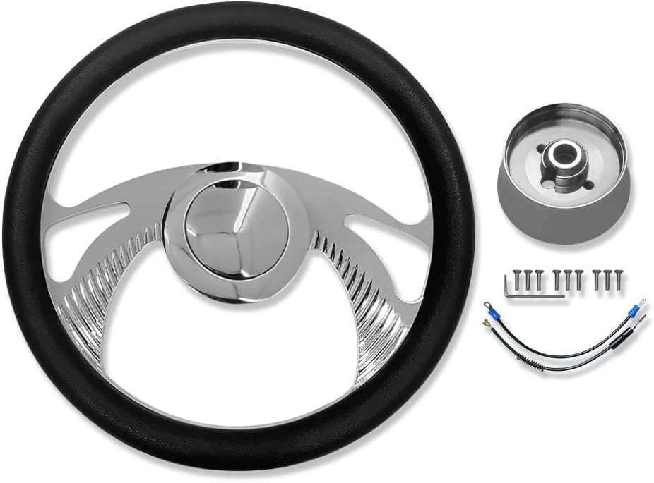 Chrome 14' Billet Aluminum 9 Holes Steering Wheel Wings Style with Black Leather Half Wrap & Smooth Horn Button & Adapter