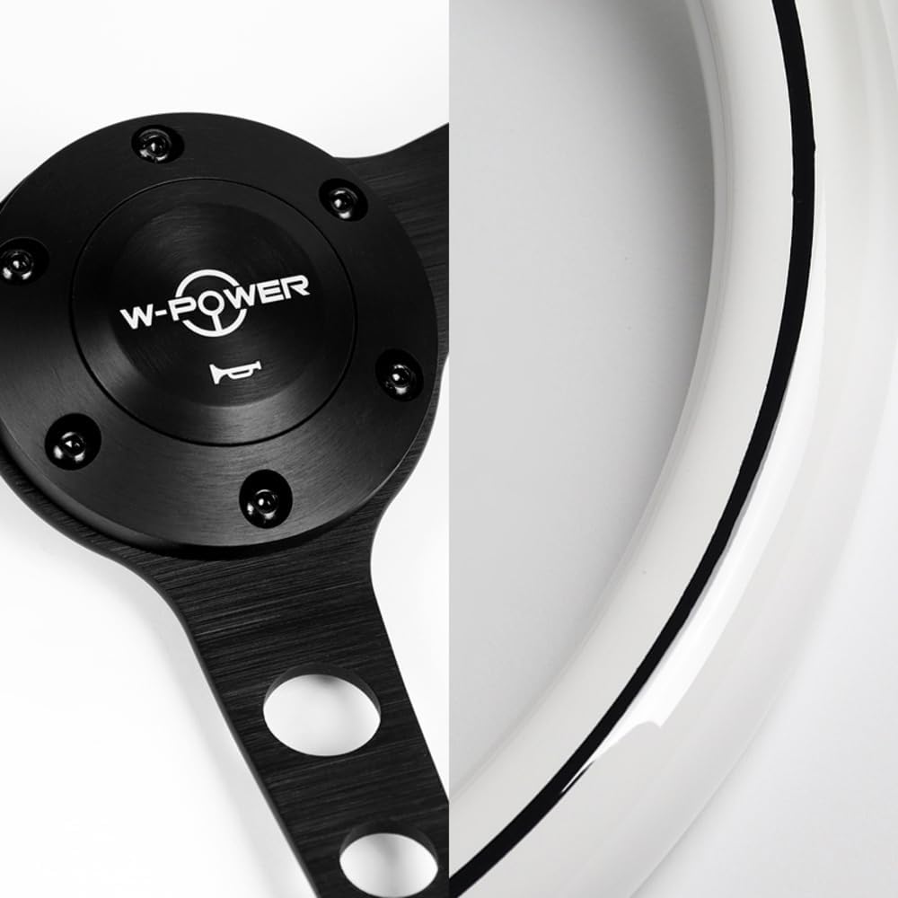 W-Power, 15' Reinforced 380mm 6 Bolt Hole Aluminum Finised White Wood Grain Trim Steering Wheel, Black Horn Button JDM Euro VIP Style, 3' Deep (White Wood Grain/Matt Black Spoke)