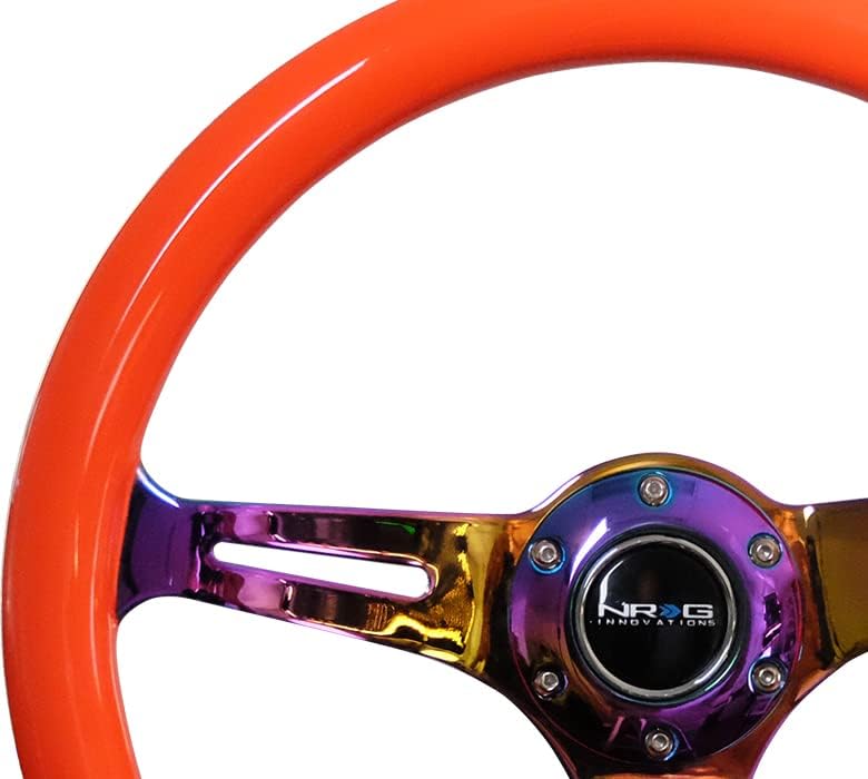 NRG Innovations NRG-ST-015MC-NOR Classic Wood Grain Steering Wheel, 350mm 3 Neochrome Spokes-Neon Orange Color