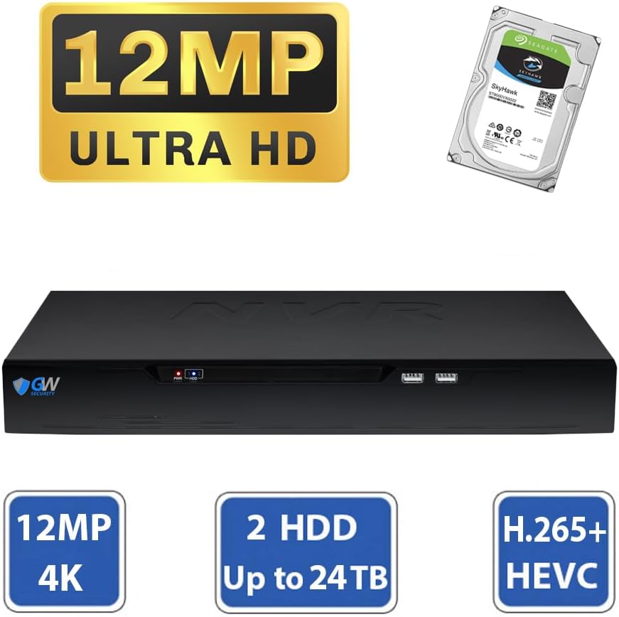 GW Security 8 Channel NVR UltraHD 12MP 4K @30FPS Face/Human/Vehicle Detection PoE Security Camera System with 4 x 12MP IP Microphone Smart AI Dome Cameras, Color Night Vision, Outdoor/Indoor Camera