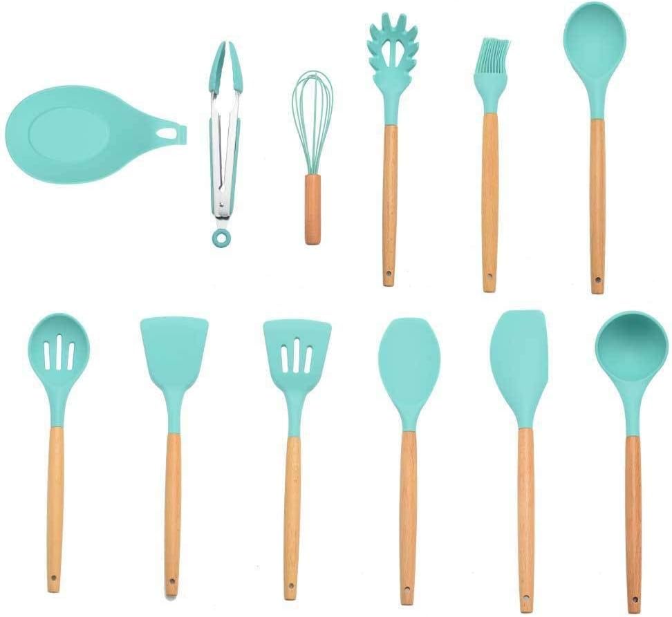 Silicone Cooking Tools Kitchen Utensils Set Accessories with Storage Box Tong Spatula with Wood Handle Cookware Kitchen Gadgets Tools Set (Color : Green 10PCS A) (Mint Green 12pcs B)