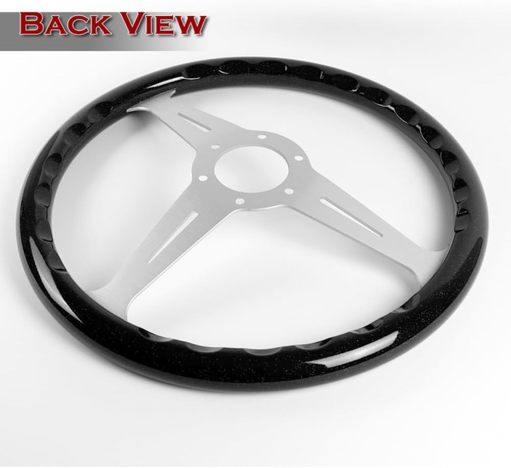 W-Power, 14' Universal 350mm 6 Bolt Hole Aluminum Polished 'Galaxy' Wood Grain Trim Steering Wheel, 3-Spoke, Black Horn Button JDM VIP Style (Black Sparkled Wood Grip - Silver Center)