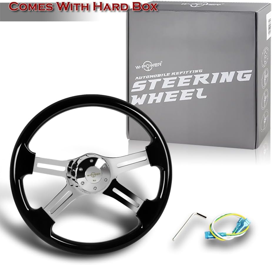 W-Power, 18' Universal 457mm 5 Bolt Hole 2 Inches Deep with Aluminum Polished Vintage Style Wood Grip Steering Wheel, Chrome Horn Button, 4 Spoke (Black Wood Grip/Chrome Spoke)