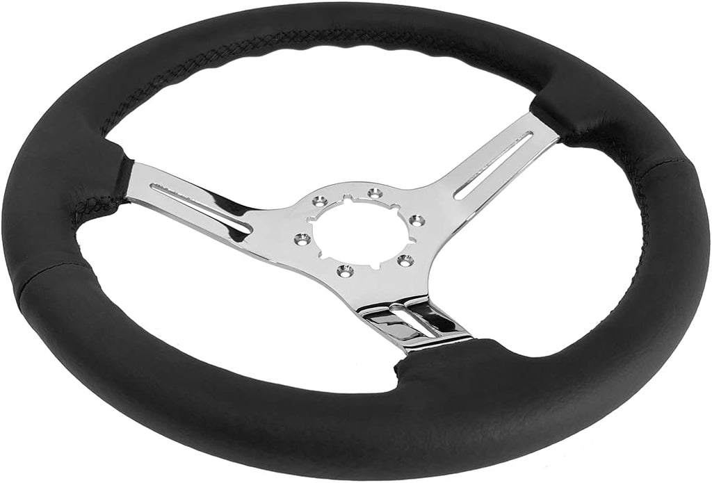 VSW S6 Steering Wheel, Black Leather 6 Bolt Chrome Slotted 3-Spoke ST3012BLK