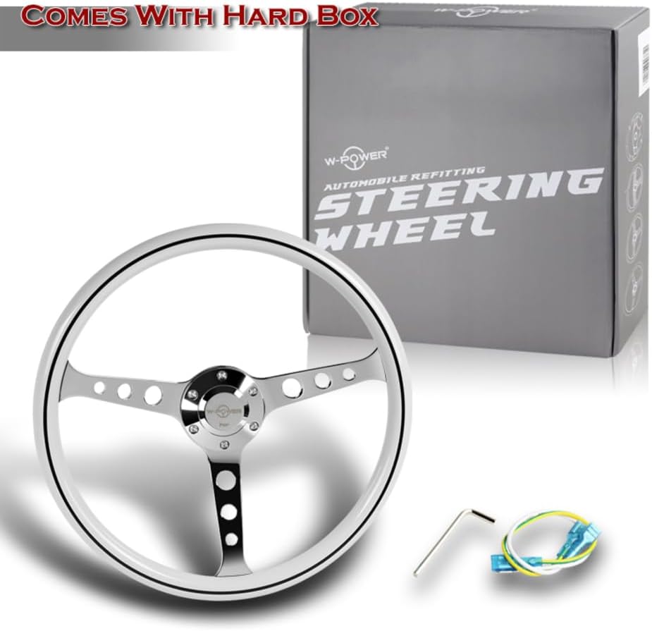 W-Power, 15' Reinforced 380mm 6 Bolt Hole Aluminum Finised White Wood Grain Trim Steering Wheel, Chrome Horn Button JDM Euro VIP Style, 3' Deep (White Wood Grain/Chrome Spoke)