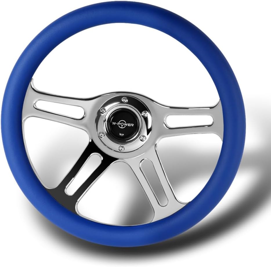 W-Power, 14' Universal 350mm 6 Bolt Hole Vintage Style with Aluminum Polished Special Leather Grip Steering Wheel, Black Horn Button, 4-Spoke (Blue Leather/Chrome Spoke)