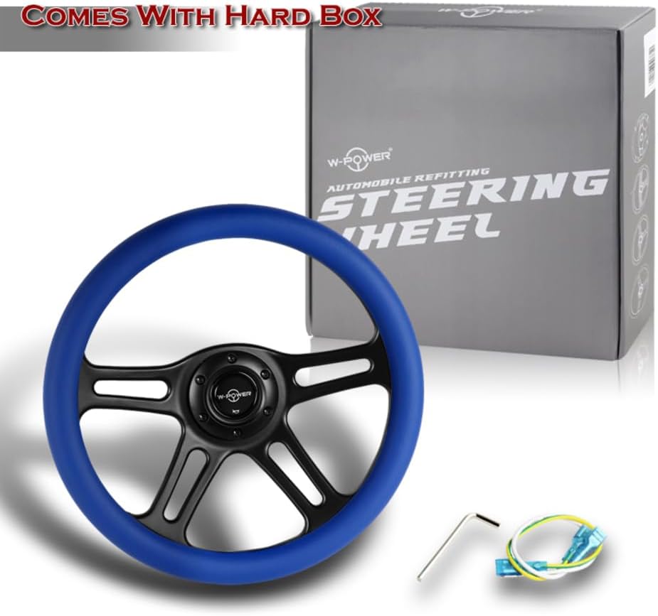 W-Power, 14' Universal 350mm 6 Bolt Hole Vintage Style with Aluminum Polished Special Leather Grip Steering Wheel, Black Horn Button, 4-Spoke (Blue Leather/Black Spoke)