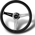 W-Power, 14' Universal 350mm 6 Bolt Hole Aluminum Polished 'Galaxy' Wood Grain Trim Steering Wheel, 3-Spoke, Black Horn Button JDM VIP Style (Black Leather Grip - Chrome Center)