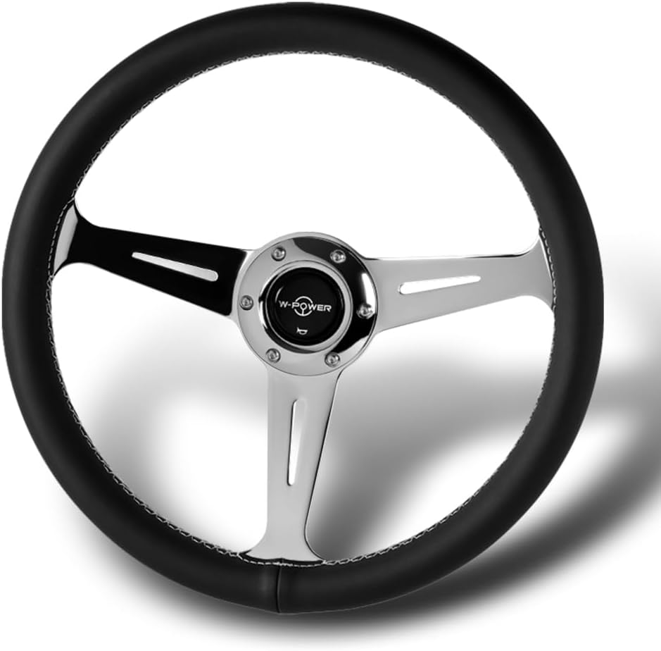 W-Power, 14' Universal 350mm 6 Bolt Hole Aluminum Polished 'Galaxy' Wood Grain Trim Steering Wheel, 3-Spoke, Black Horn Button JDM VIP Style (Black Leather Grip - Chrome Center)