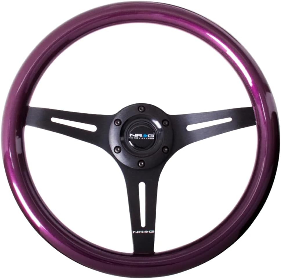 NRG Innovations NRG-ST-015BK-PP Steering Wheel - 350mm 25mm Deep Configuration, Classic Wood Purple Grain Wheel, 3 Black Spoke, Purple Pearl/Flake Paint