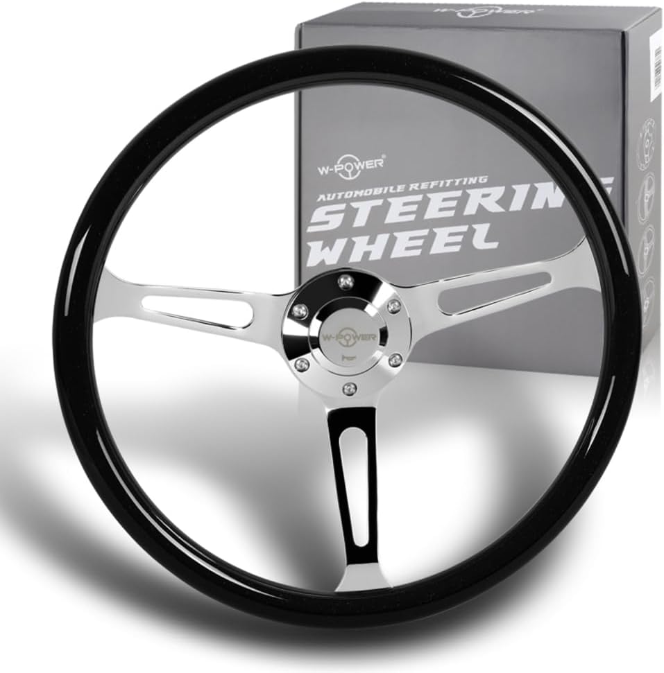 W-Power, 15' Reinforced 380mm 6 Bolt Hole Aluminum Finised Black Wood Grain Trim Steering Wheel, Black Horn Button JDM Euro VIP Style, 3' Deep (Black Wood Grain/Chrome Spoke)