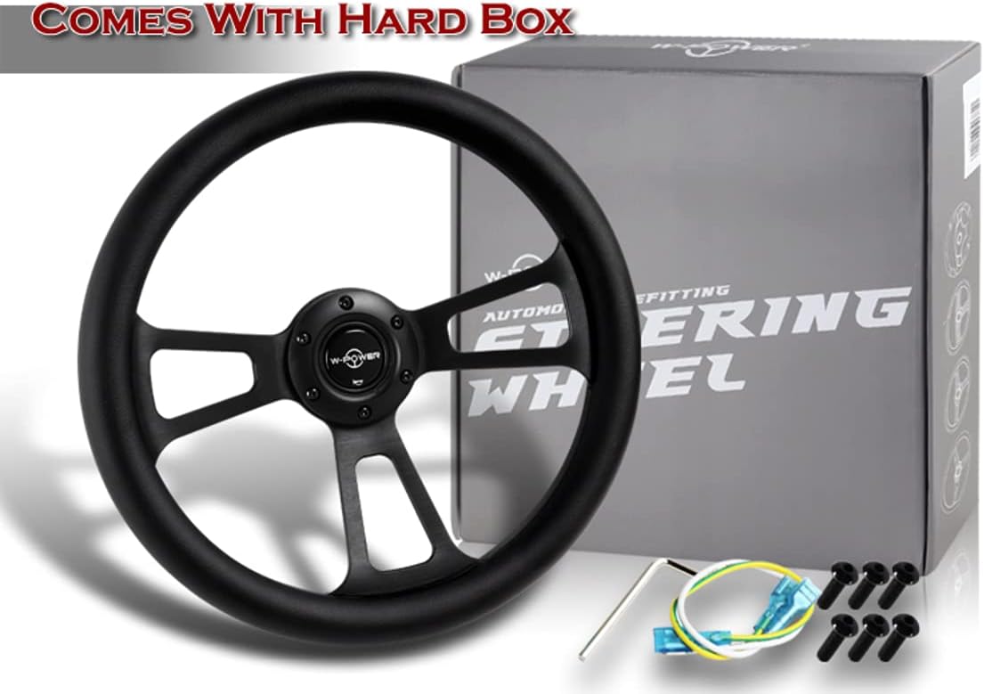 W-Power, 13.5' Universal 343mm 6 Bolt Hole 2.5 Inche Deep Dish Vintage Style with Aluminum Polished Black Leather Grip Steering Wheel, Black Horn Button, 3-Spoke