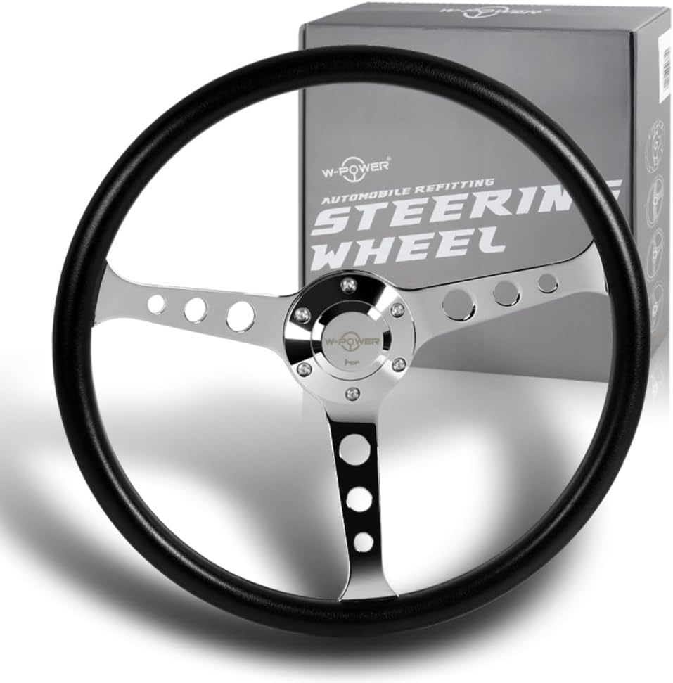 W-Power, 15' Reinforced 380mm 6 Bolt Hole Aluminum Finised Black Vinyl Wrap Trim Steering Wheel, Chrome Horn Button JDM Euro VIP Style, 3' Deep (Black Vinyl Wrap/Chrome Spoke)