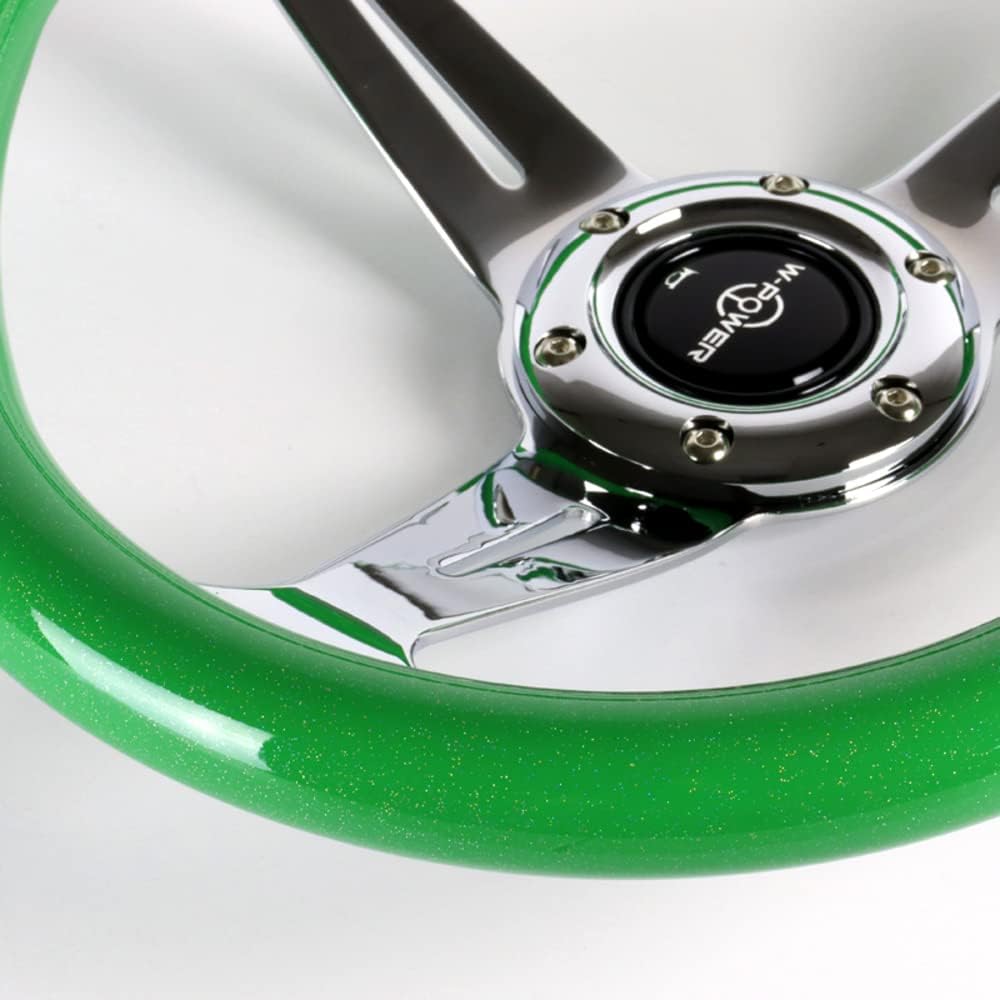 W-Power,13.5' Universal 343mm 6 Bolt Hole 3-Inche Deep Dish Aluminum Polished Heart-Shaped with Wood Grip Steering Wheel, Black Horn Button JDM Euro VIP Style, 3-Spoke (Green)