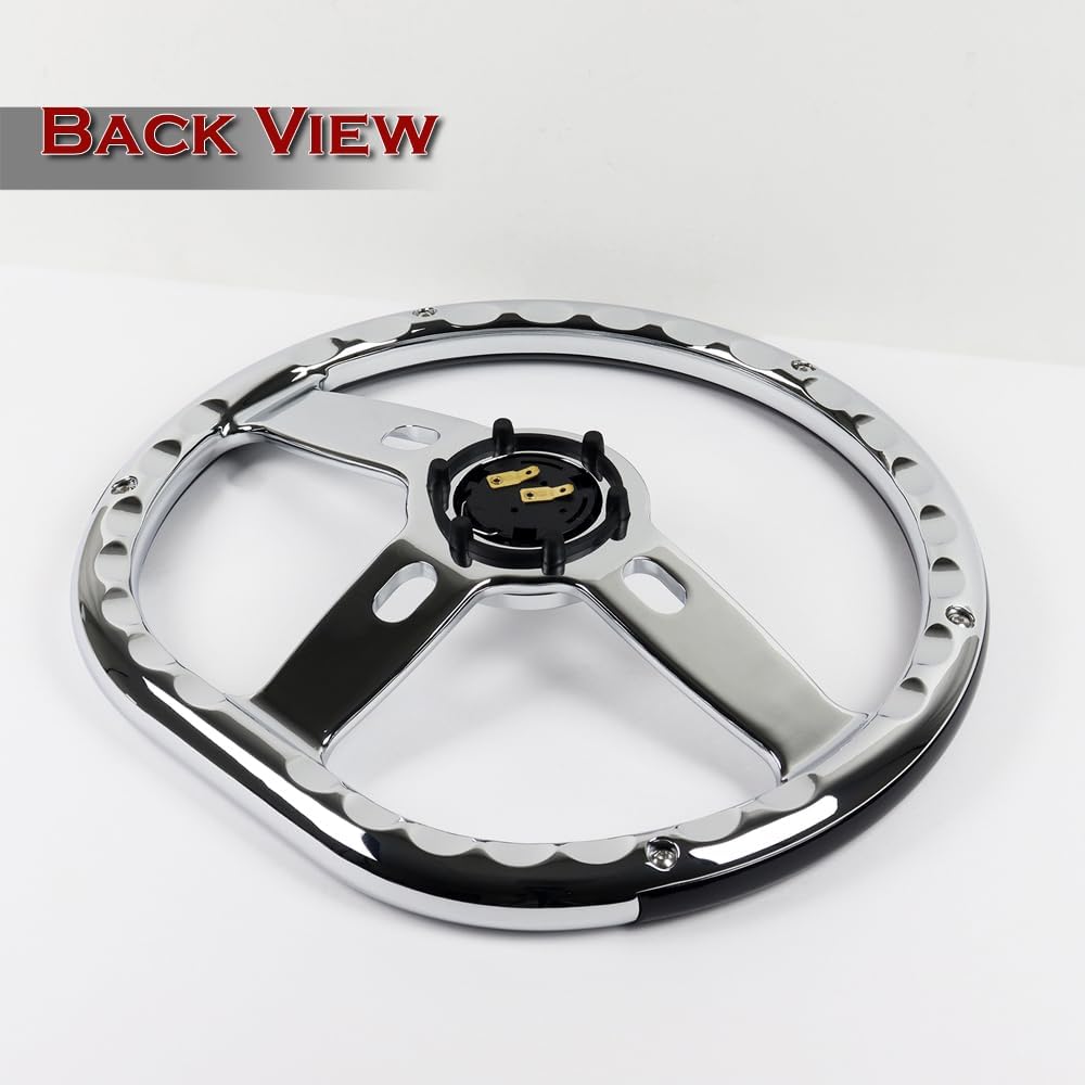 W-Power, 14' Universal 350mm 6 Bolt Hole Aluminum Polished Vinyl Wrap Leather Trim Steering Wheel, Chrome Horn Button JDM Euro VIP Style, 2' Deep (Black Vinyl Wrap Leather)