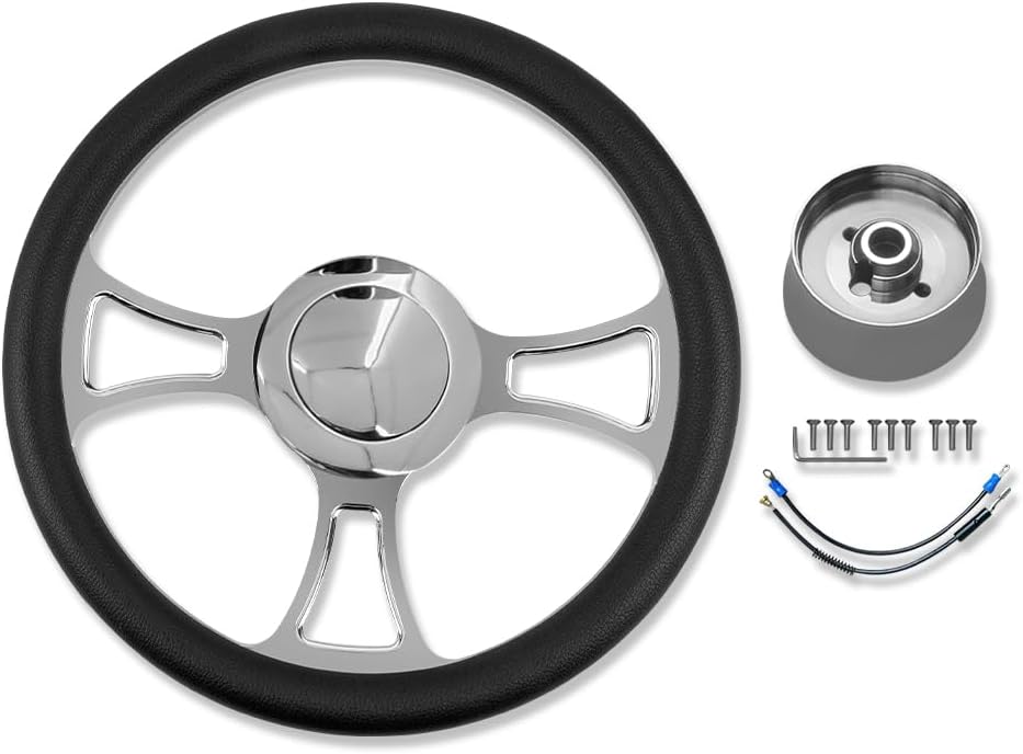 Chrome 14' Billet Aluminum 9 Holes Steering Wheel Trinity Style with Black Leather Half Wrap & Smooth Horn Button & Adapter
