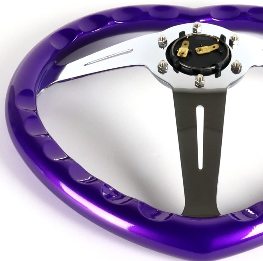 W-Power,13.5' Universal 343mm 6 Bolt Hole 3-Inche Deep Dish Aluminum Polished Heart-Shaped with Wood Grip Steering Wheel, Black Horn Button JDM Euro VIP Style, 3-Spoke (Purple)