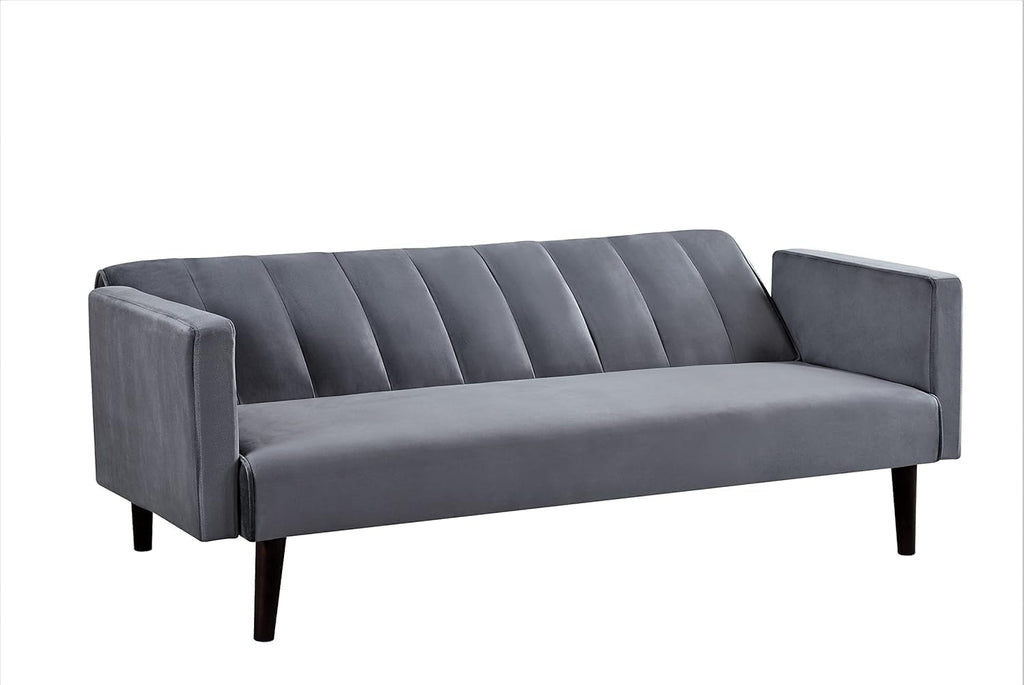 Container Furniture Direct 72' Velvet Convertible Futon Sofa Bed - Full Out Twin Sleeper Couch w/Channel Stitch, Wood Frame & High-Density Foam - Space-Saving for Apartments/Dorms, Grey