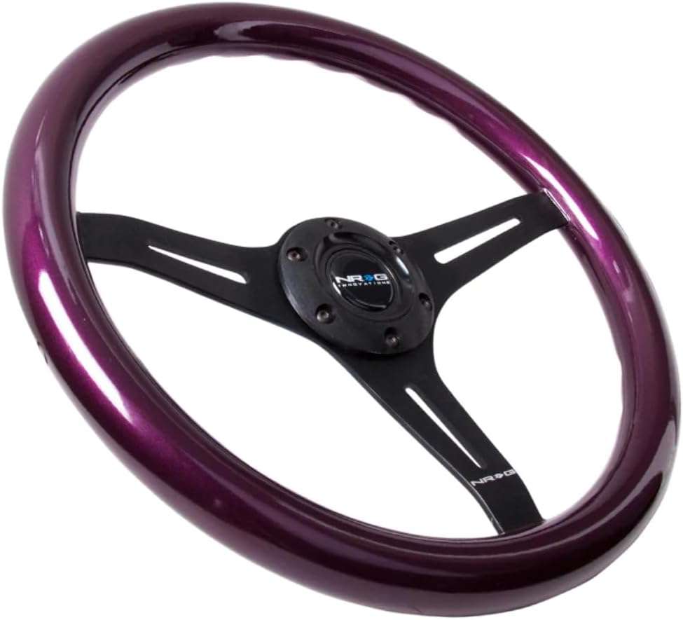 NRG Innovations NRG-ST-015BK-PP Steering Wheel - 350mm 25mm Deep Configuration, Classic Wood Purple Grain Wheel, 3 Black Spoke, Purple Pearl/Flake Paint
