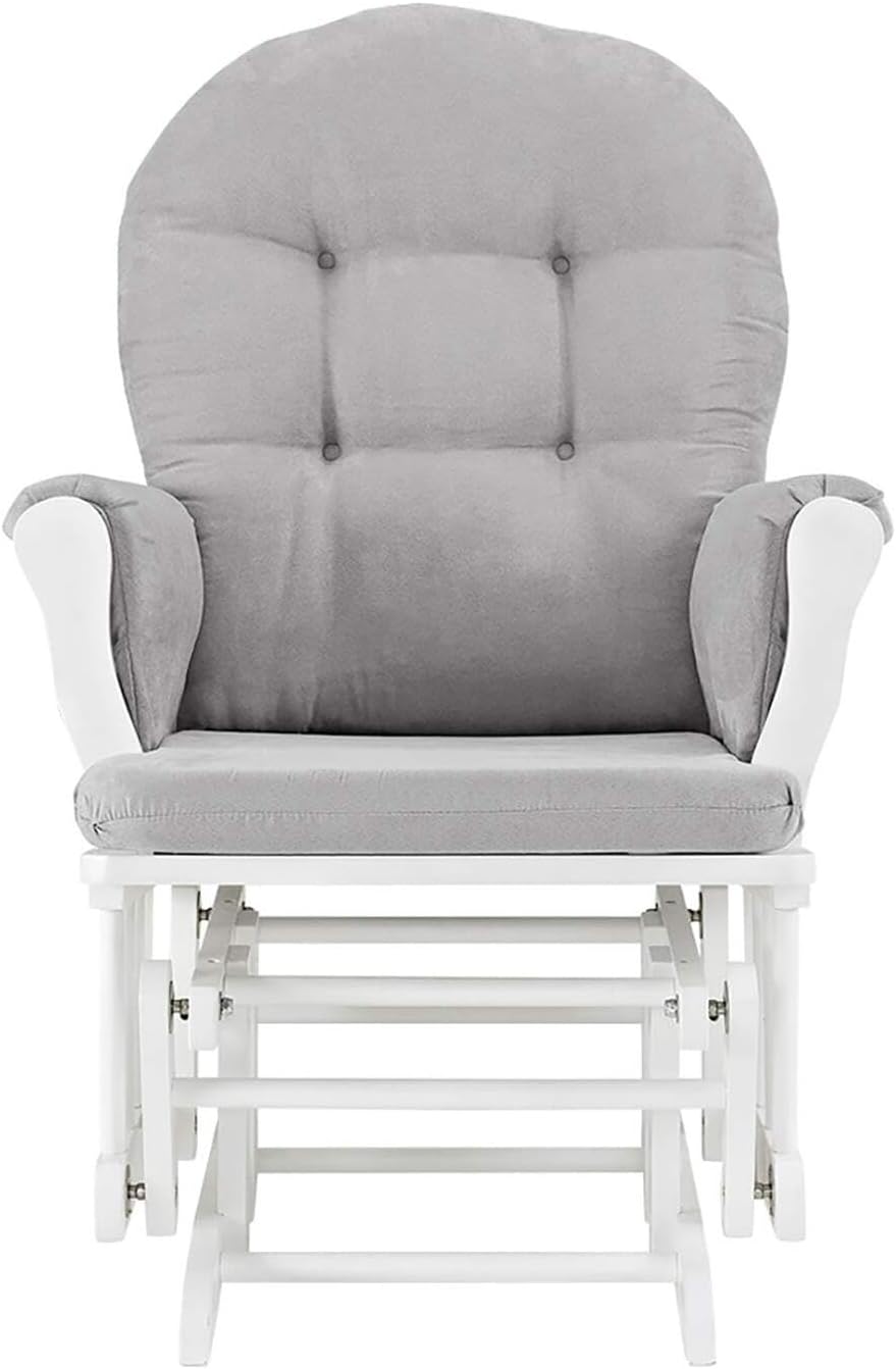 HomeStock Glider and Ottoman Set - Padded Arms, Storage Pockets, Metal Bearings White and Gray