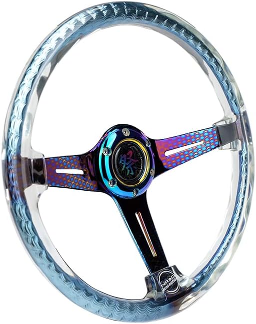 NRG Innovations NRG-RST-027GM-CL Reinforced Steering Wheel 350mm 2' Deep Dish Clear Acrylic Steering Wheel in Clear and Geometric NeoChrome Spoke Finish with Slits.