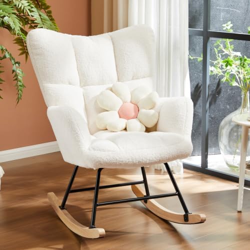 Rocking Chair Nursery, Teddy Upholstered Glider Rocker with High Backrest, Reading Chair Modern Rocking Accent Chairs Glider Recliner for Living Room, Nursery, Bedroom (Beige)