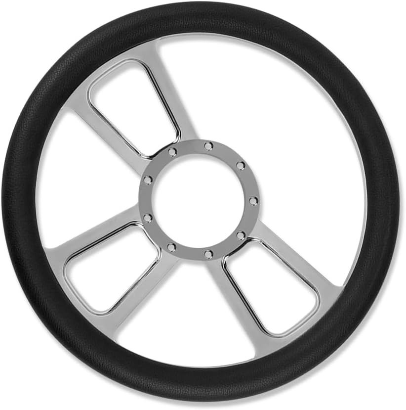 Chrome 14' Billet Aluminum 9 Holes Steering Wheel Split Tri Spoke Style with Black Leather Half Wrap & Smooth Horn Button & Adapter