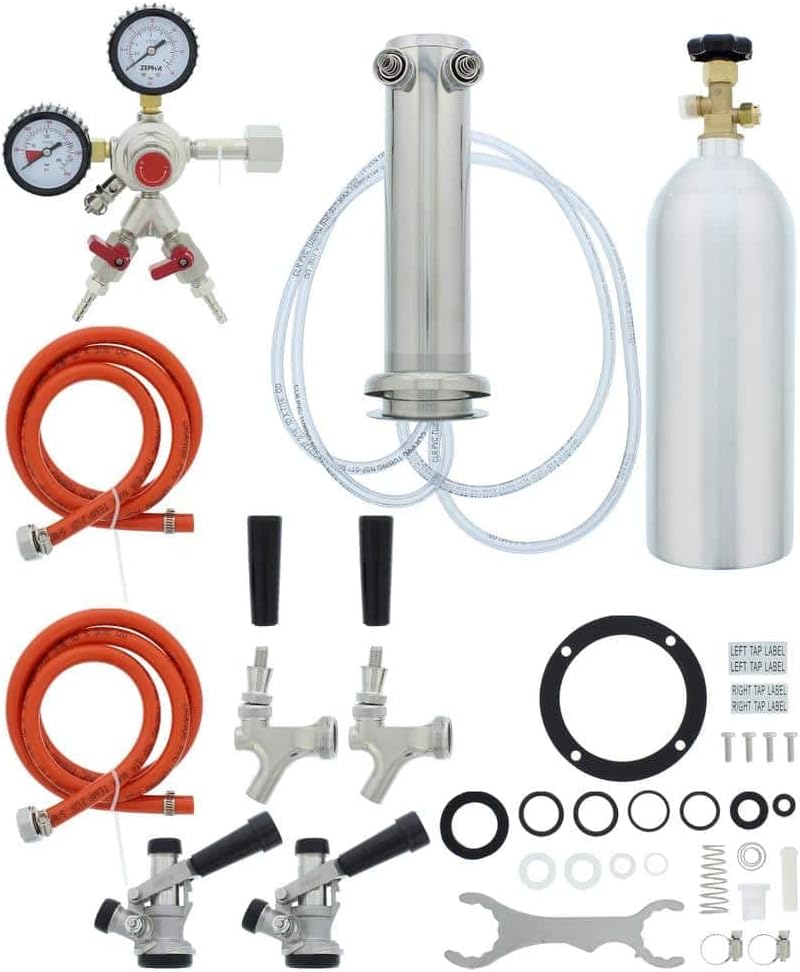 Zephyr Presrv™ Double Tap Kit - Includes Two Taps, Stainless Steel Tower, 2 Beer Lines, Gas Line, Regulator, CO2 Tank and 2 D-style Keg Couplers - Designed to use with a Presrv™ kegerator