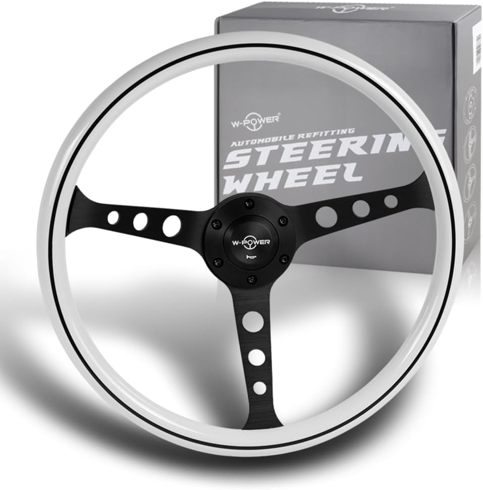 W-Power, 15' Reinforced 380mm 6 Bolt Hole Aluminum Finised White Wood Grain Trim Steering Wheel, Black Horn Button JDM Euro VIP Style, 3' Deep (White Wood Grain/Matt Black Spoke)