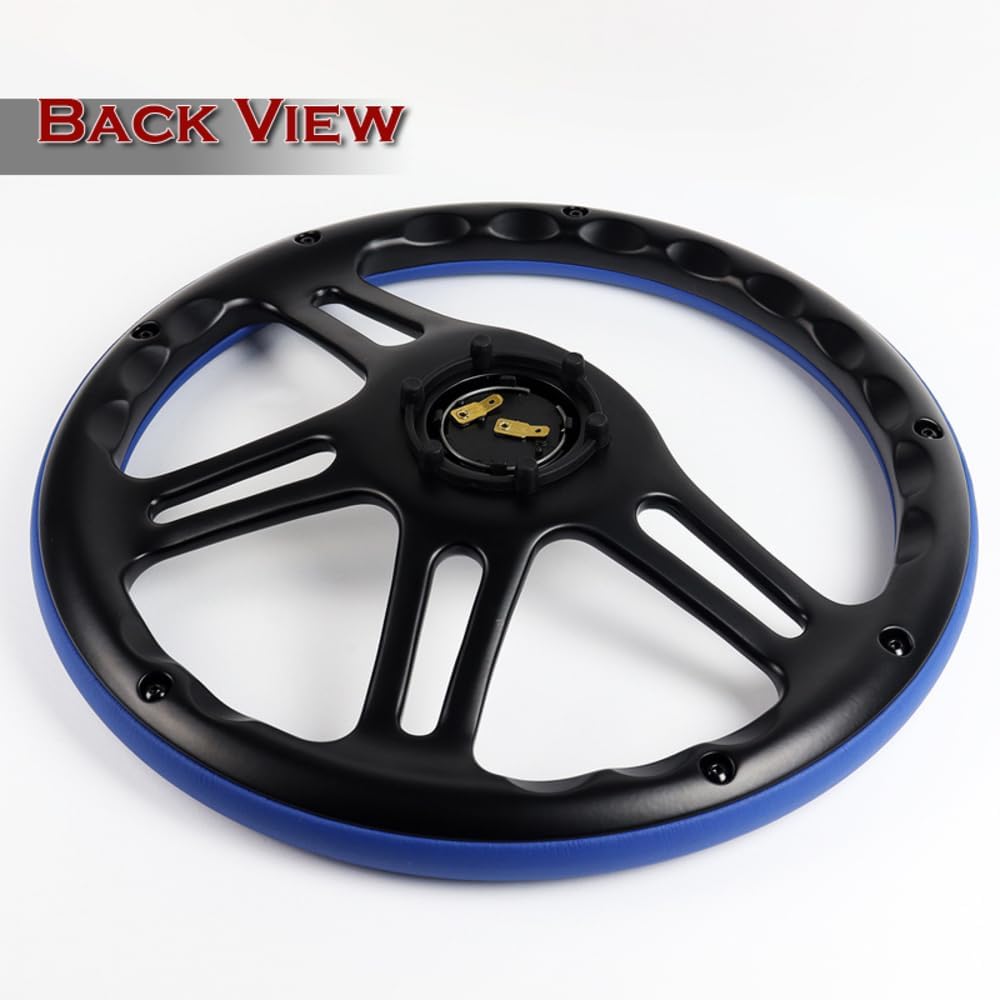 W-Power, 14' Universal 350mm 6 Bolt Hole Vintage Style with Aluminum Polished Special Leather Grip Steering Wheel, Black Horn Button, 4-Spoke (Blue Leather/Black Spoke)