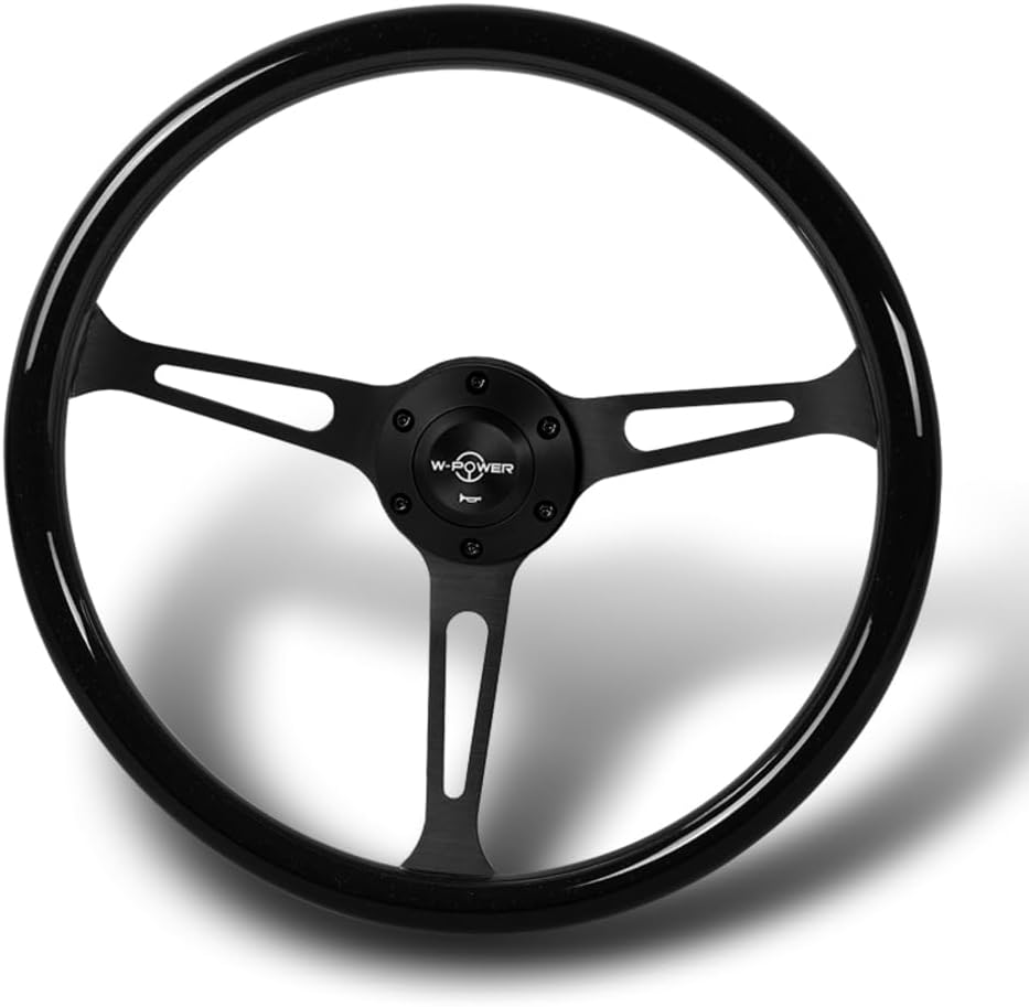 W-Power, 15' Reinforced 380mm 6 Bolt Hole Aluminum Finised Black Wood Grain Trim Steering Wheel, Black Horn Button JDM Euro VIP Style, 3' Deep (Black Wood Grain/Matt Black Spoke)