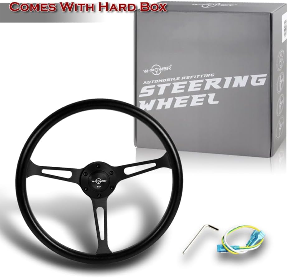 W-Power, 15' Reinforced 380mm 6 Bolt Hole Aluminum Finised Black Vinyl Wrap Trim Steering Wheel, Black Horn Button JDM Euro VIP Style, 3' Deep (Black Vinyl Wrap/Matt Black Spoke)