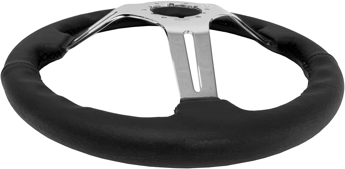 VSW S6 Steering Wheel, Black Leather 6 Bolt Chrome Slotted 3-Spoke ST3012BLK
