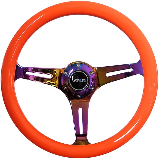 NRG Innovations NRG-ST-015MC-NOR Classic Wood Grain Steering Wheel, 350mm 3 Neochrome Spokes-Neon Orange Color
