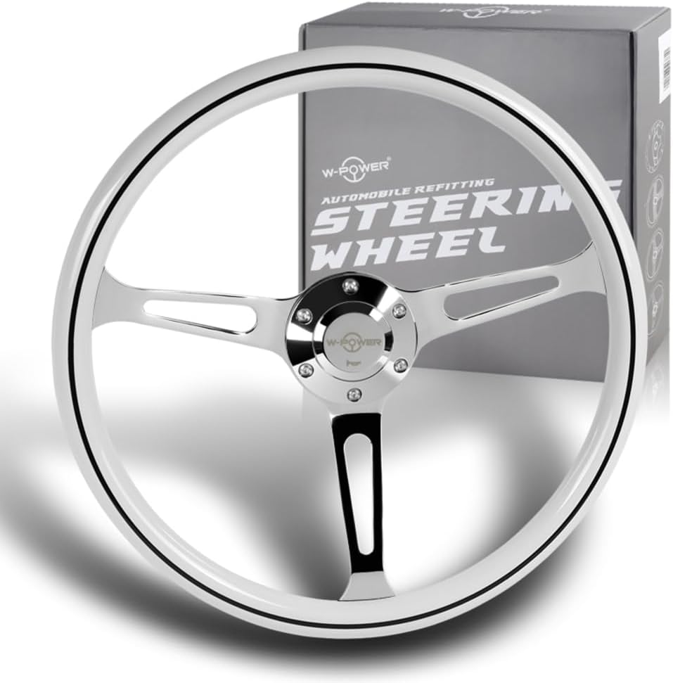 W-Power, 15' Reinforced 380mm 6 Bolt Hole Aluminum Finised White Wood Grain Trim Steering Wheel, Chrome Horn Button JDM Euro VIP Style, 3' Deep (White Wood Grain/Chrome Spoke)