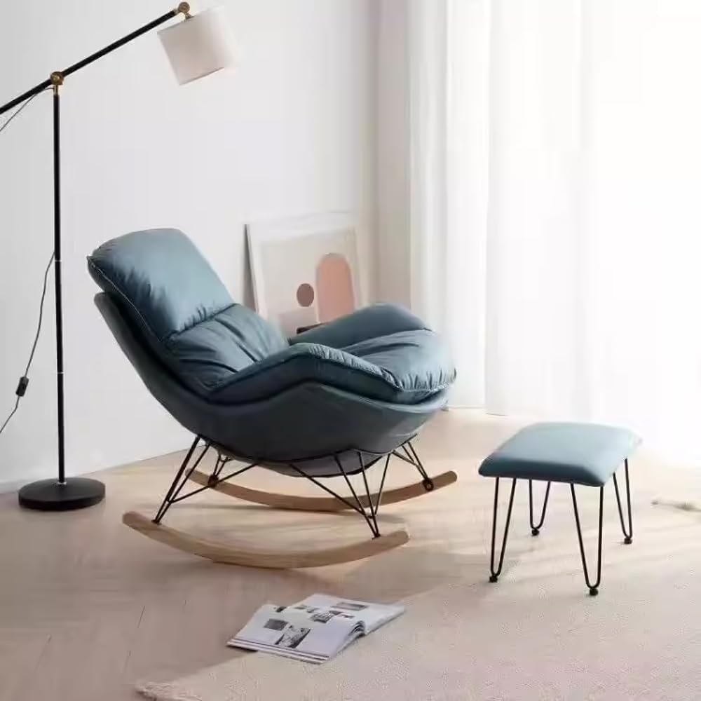 LITFAD Modern Rocking Chair Faux Leather Leisure Glider Chair Upholstered Rocking Seat Comfy Rest Reading Chair Water Resistant Nursery Chair for Living Room, Bedroom, Nursery-Blue, with Ottoman