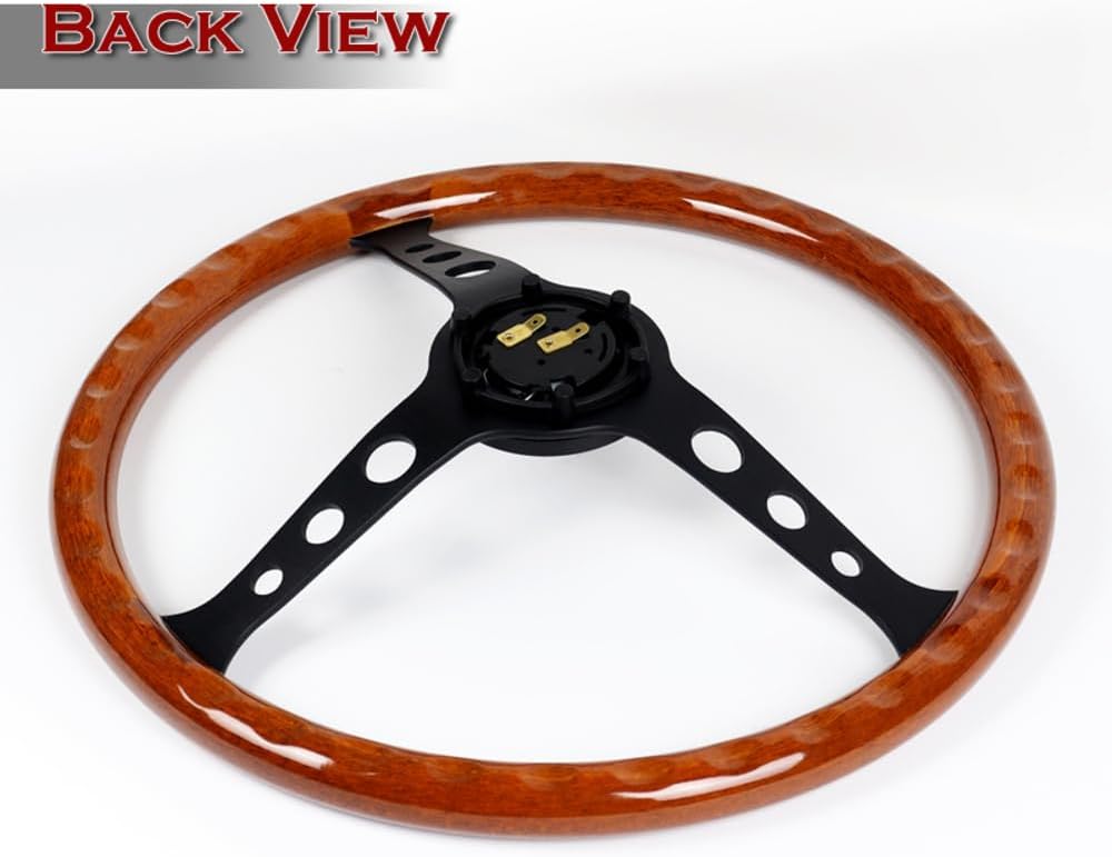 W-Power, 15' Reinforced 380mm 6 Bolt Hole Aluminum Finised Brown Wood Grain Trim Steering Wheel, Black Horn Button JDM Euro VIP Style, 3' Deep (Brown Wood Grain/Matt Black Spoke)