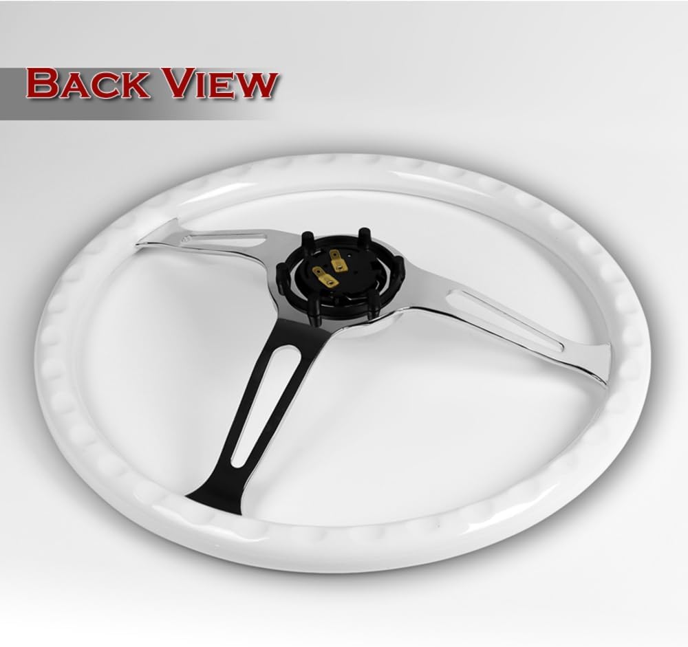 W-Power, 15' Reinforced 380mm 6 Bolt Hole Aluminum Finised White Wood Grain Trim Steering Wheel, Chrome Horn Button JDM Euro VIP Style, 3' Deep (White Wood Grain/Chrome Spoke)