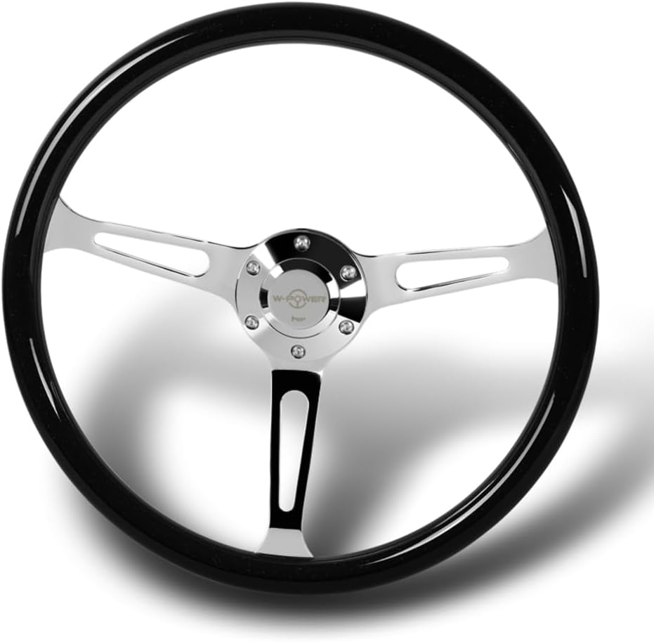 W-Power, 15' Reinforced 380mm 6 Bolt Hole Aluminum Finised Black Wood Grain Trim Steering Wheel, Black Horn Button JDM Euro VIP Style, 3' Deep (Black Wood Grain/Chrome Spoke)