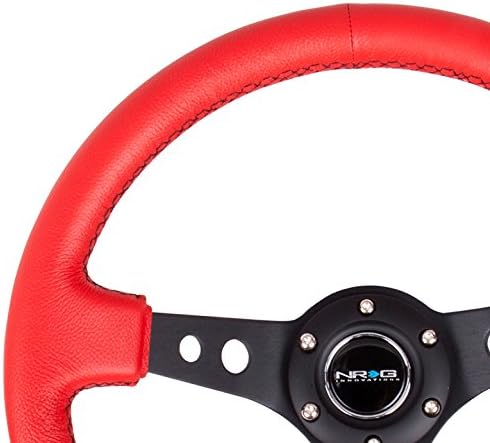 NRG Innovations NRG-RST-006RR-BS Reinforced Steering Wheel - 350mm Sport Steering Wheel (3' Deep) - Black Spoke with Round holes, Red Leather, Black Stitch