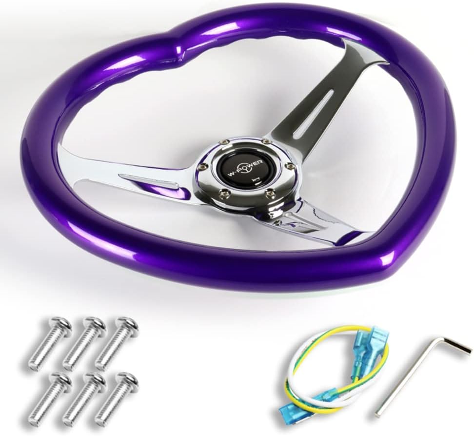 W-Power,13.5' Universal 343mm 6 Bolt Hole 3-Inche Deep Dish Aluminum Polished Heart-Shaped with Wood Grip Steering Wheel, Black Horn Button JDM Euro VIP Style, 3-Spoke (Purple)