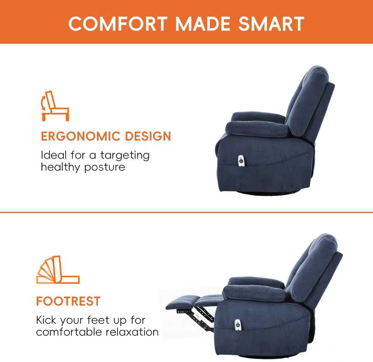 Ketaiyou Power Swivel Rocker Recliner with Massage and Heat, USB and Type-C Port, Infinite Position, Electric Glider Rocking Chairs Living Room, Soft Fabric Reclining Sofa Chair (Velvet Blue)