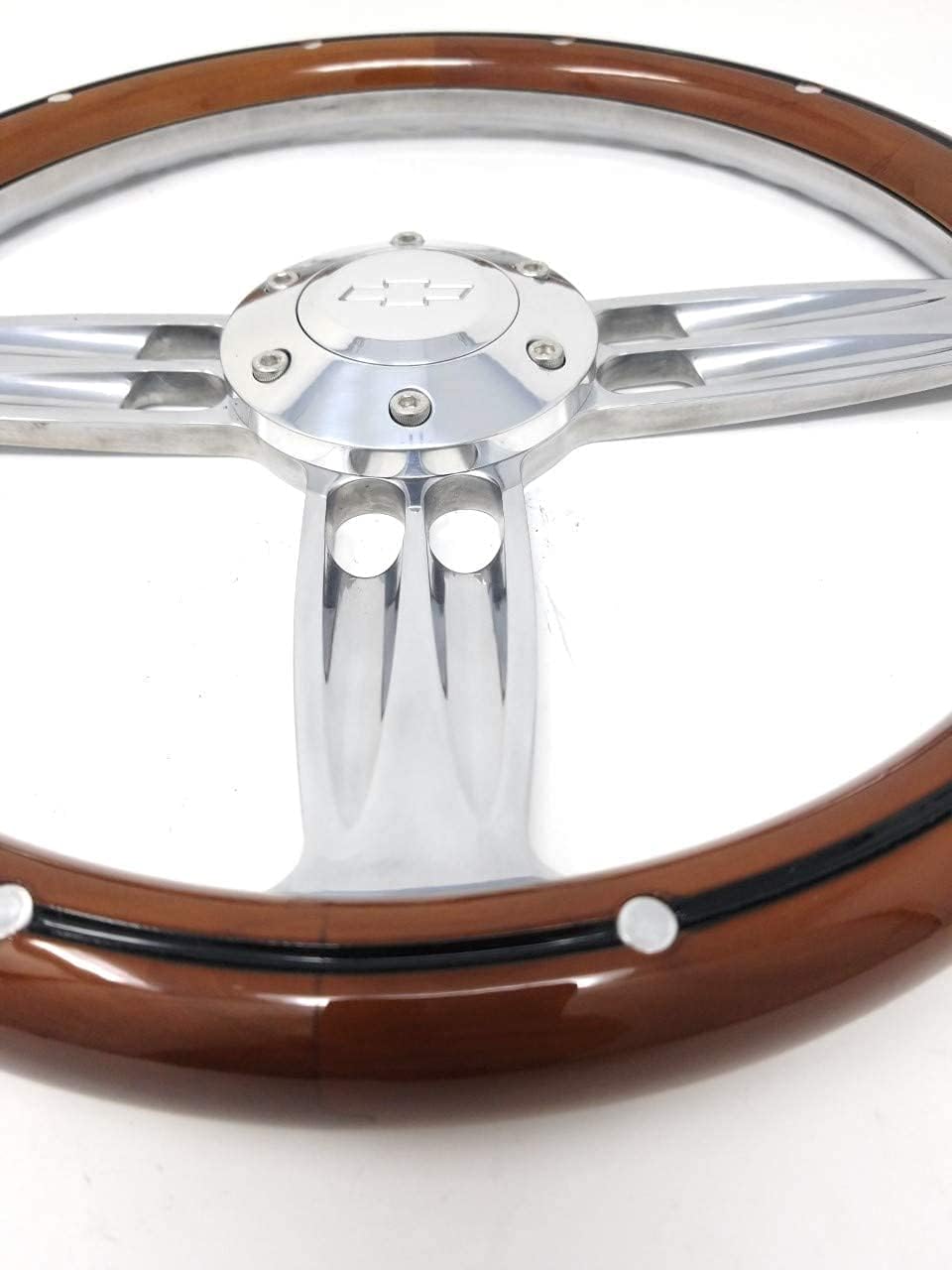 Real Wood & Chrome Steering Wheel Kit Compatible with Chevy Gm 95-01 Set Engraved Horn GMC TRUCK