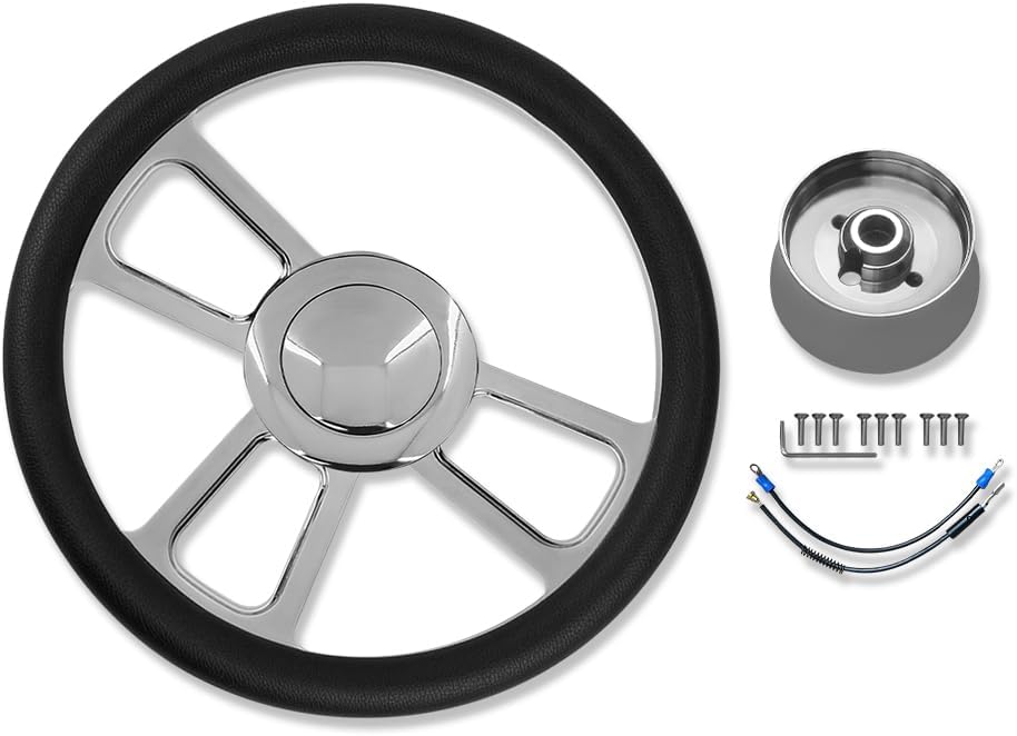 Chrome 14' Billet Aluminum 9 Holes Steering Wheel Split Tri Spoke Style with Black Leather Half Wrap & Smooth Horn Button & Adapter